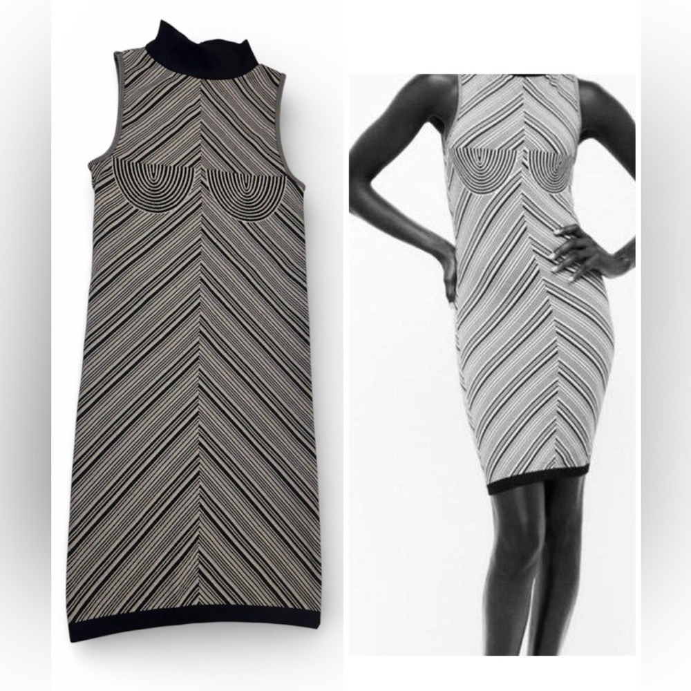Zara XS Black White Striped Bodycon Mock Neck Sleeveless Midi Dress Geometric